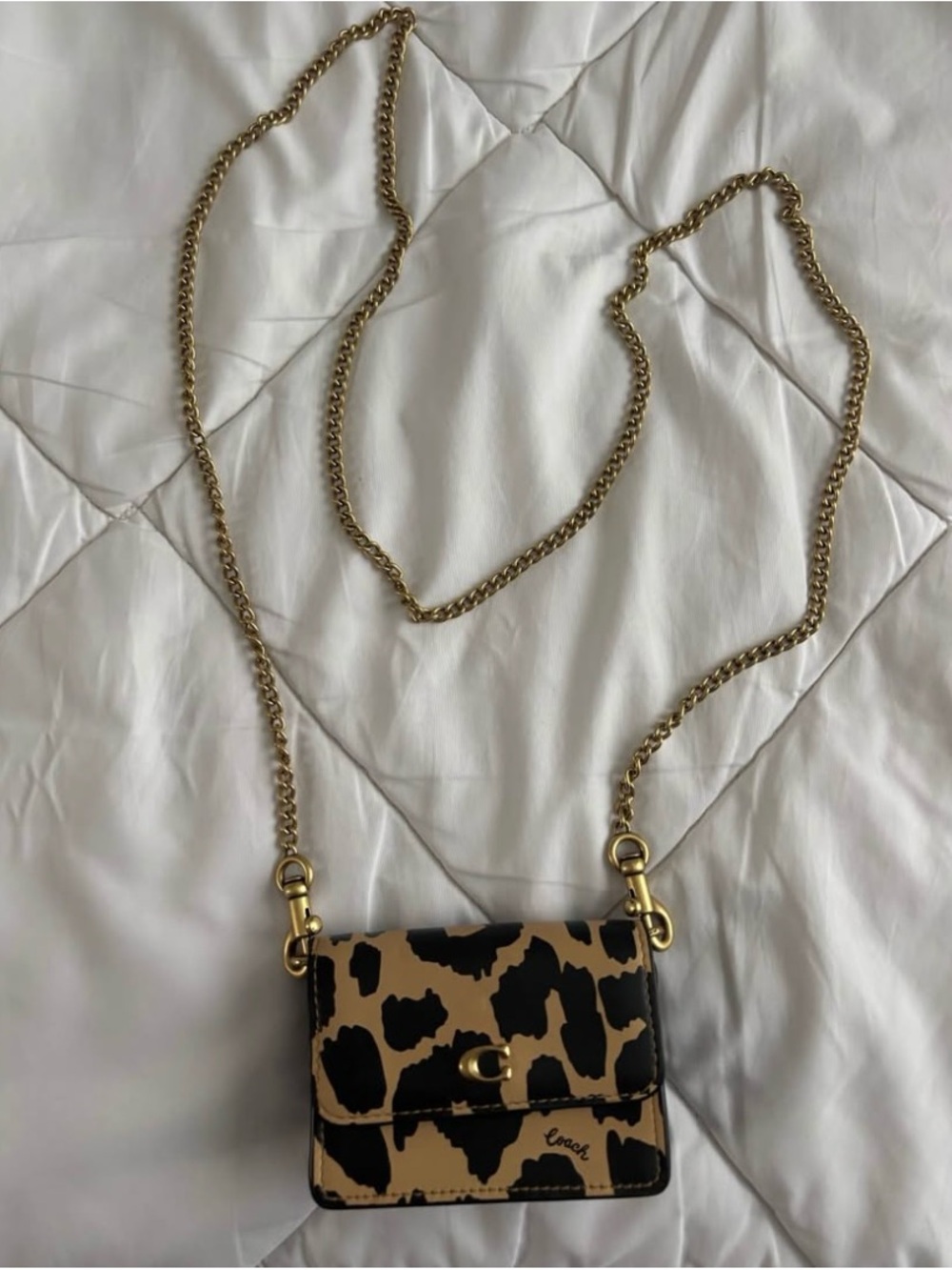 Coach Leopard Print Mini Chain Crossbody Bag in Tan/Black